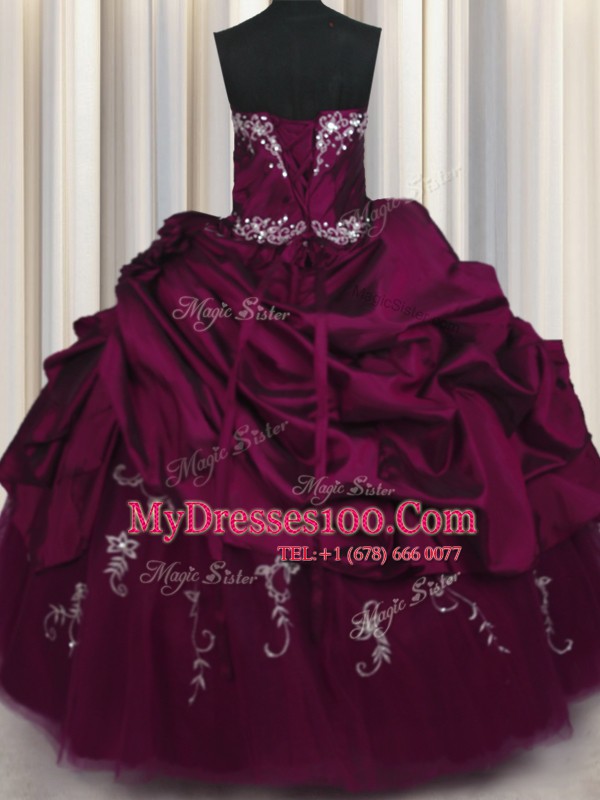 Custom Design Pick Ups Strapless Sleeveless Lace Up Sweet 16 Dress Purple Taffeta