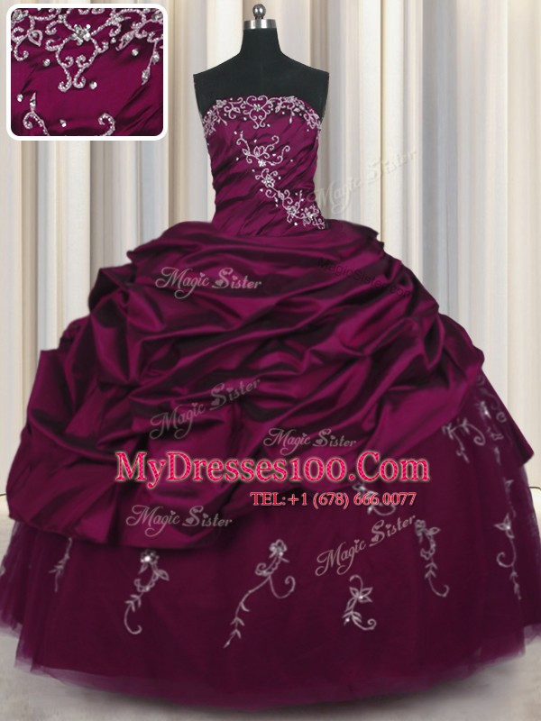 Custom Design Pick Ups Strapless Sleeveless Lace Up Sweet 16 Dress Purple Taffeta