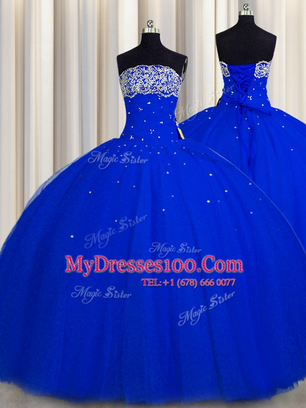 Spectacular Really Puffy Royal Blue Sleeveless Beading and Sequins Floor Length Vestidos de Quinceanera
