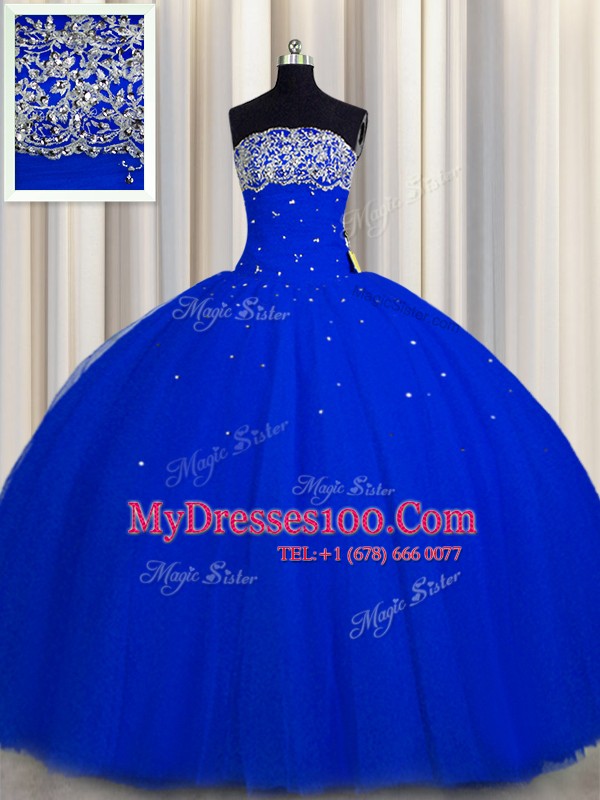 Spectacular Really Puffy Royal Blue Sleeveless Beading and Sequins Floor Length Vestidos de Quinceanera