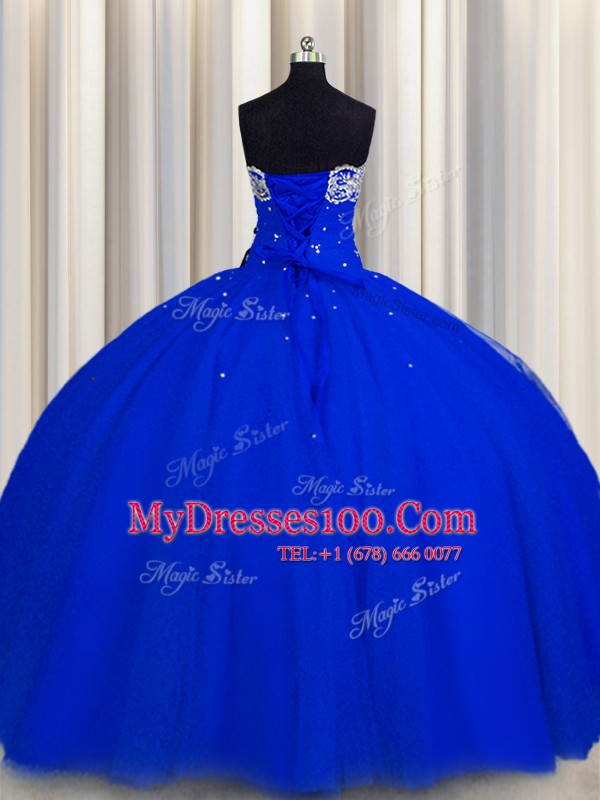 Spectacular Really Puffy Royal Blue Sleeveless Beading and Sequins Floor Length Vestidos de Quinceanera