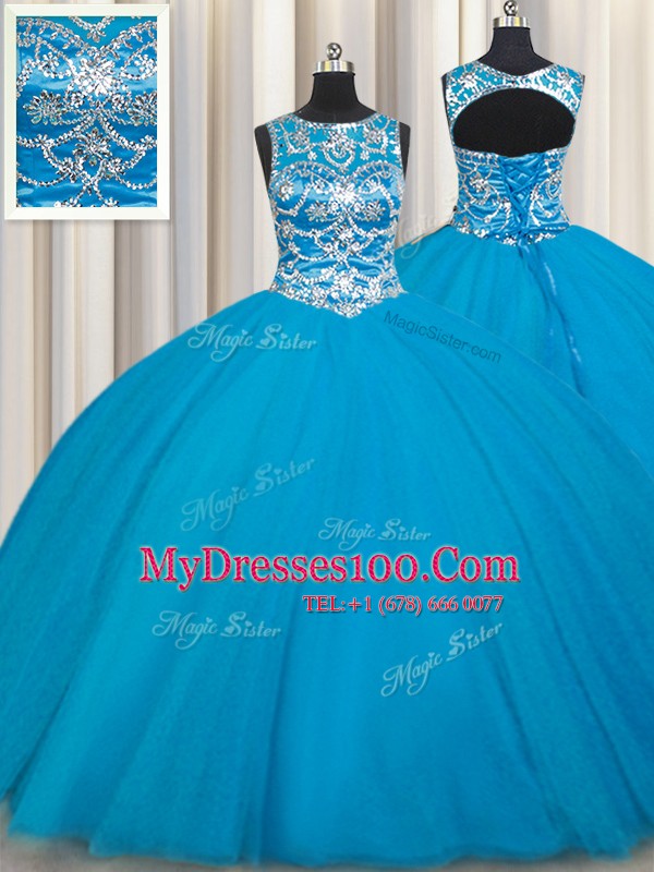 Dynamic Scoop Sleeveless Floor Length Beading Lace Up Ball Gown Prom Dress with Teal