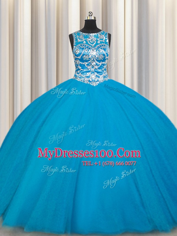 Dynamic Scoop Sleeveless Floor Length Beading Lace Up Ball Gown Prom Dress with Teal