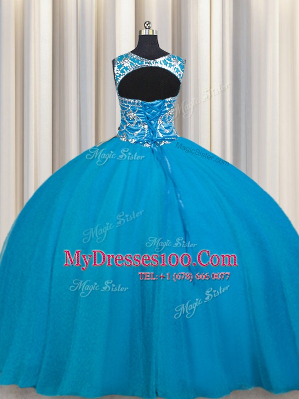 Dynamic Scoop Sleeveless Floor Length Beading Lace Up Ball Gown Prom Dress with Teal