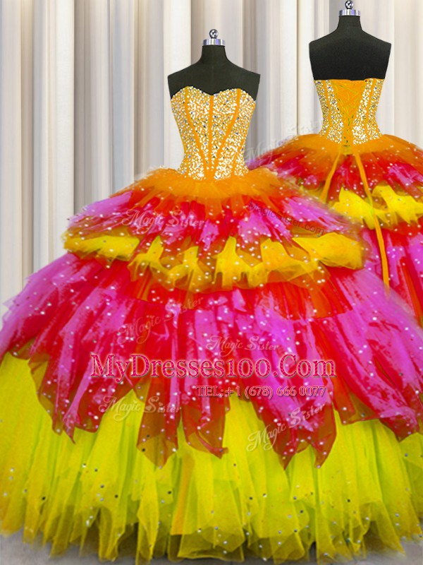 Bling-bling Visible Boning Sweetheart Sleeveless Tulle Quinceanera Gown Beading and Ruffles and Ruffled Layers and Sequins Lace Up