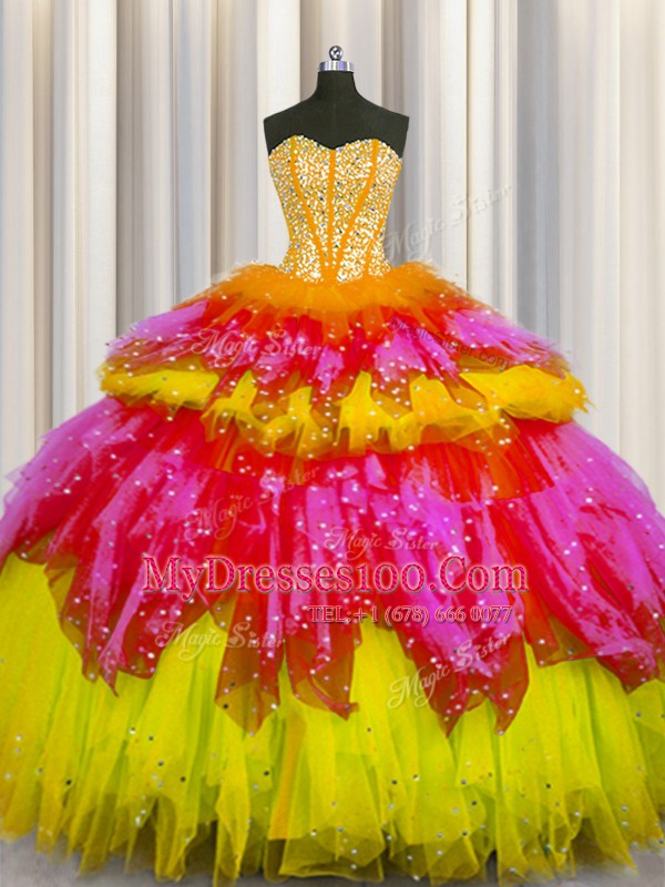 Bling-bling Visible Boning Sweetheart Sleeveless Tulle Quinceanera Gown Beading and Ruffles and Ruffled Layers and Sequins Lace Up