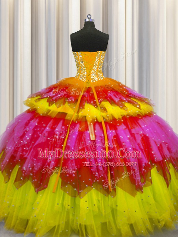 Bling-bling Visible Boning Sweetheart Sleeveless Tulle Quinceanera Gown Beading and Ruffles and Ruffled Layers and Sequins Lace Up