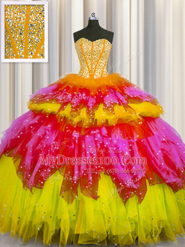 Bling-bling Visible Boning Sweetheart Sleeveless Tulle Quinceanera Gown Beading and Ruffles and Ruffled Layers and Sequins Lace Up