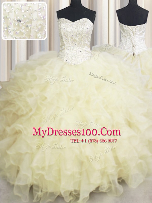 Modern Sweetheart Sleeveless Lace Up Ball Gown Prom Dress Light Yellow Organza