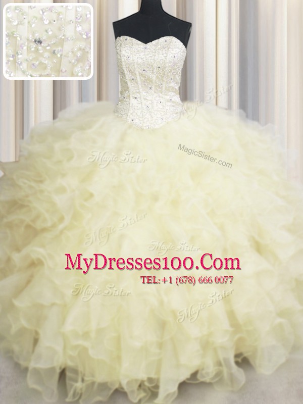 Modern Sweetheart Sleeveless Lace Up Ball Gown Prom Dress Light Yellow Organza