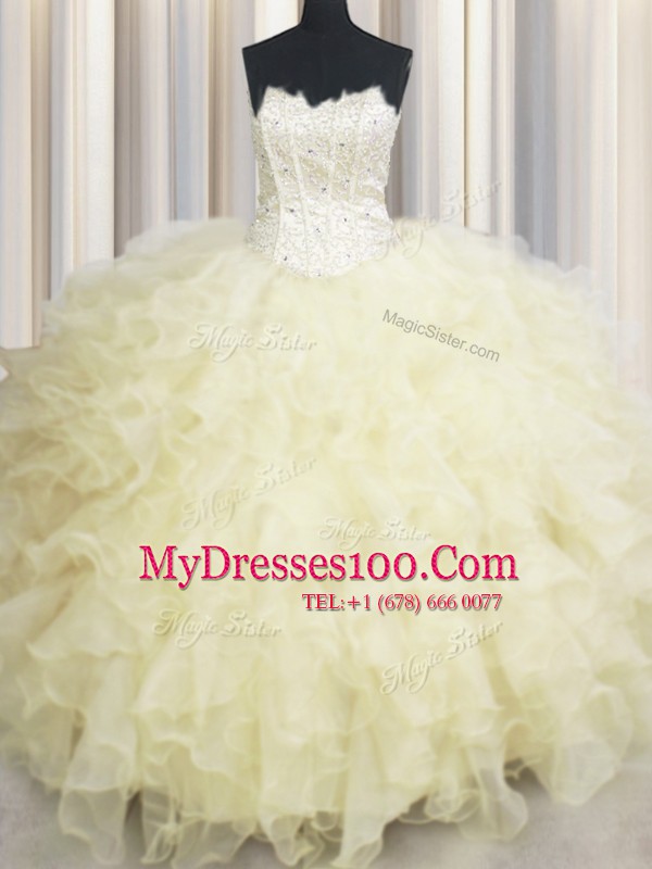 Modern Sweetheart Sleeveless Lace Up Ball Gown Prom Dress Light Yellow Organza