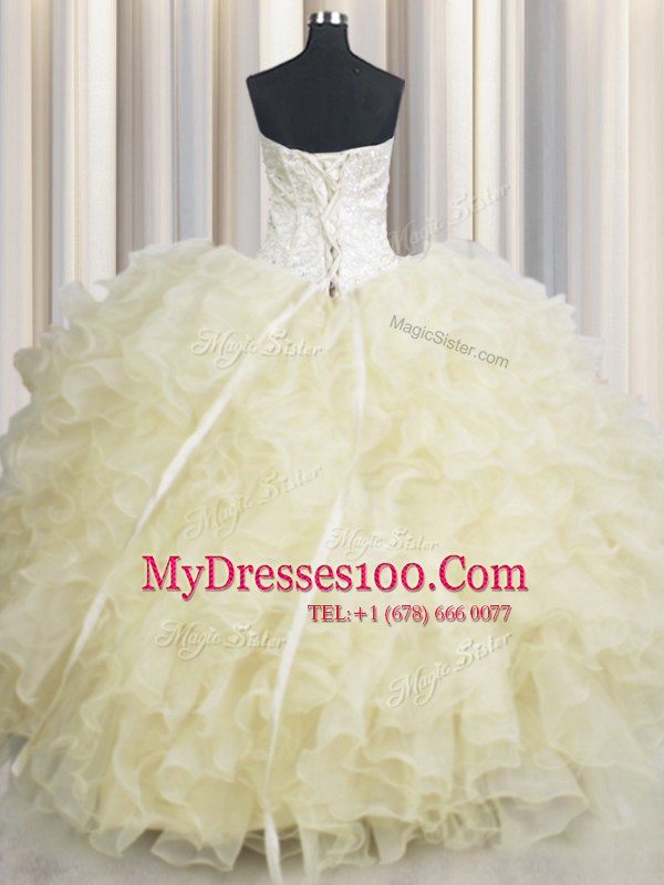 Modern Sweetheart Sleeveless Lace Up Ball Gown Prom Dress Light Yellow Organza