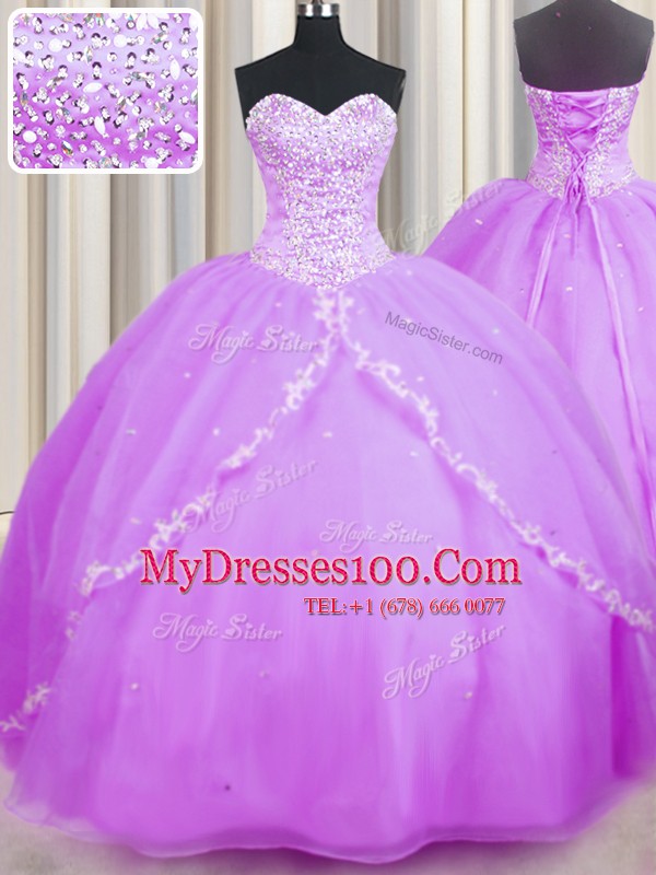 Dynamic Lilac Ball Gowns Sweetheart Sleeveless Organza With Brush Train Lace Up Beading and Appliques 15 Quinceanera Dress