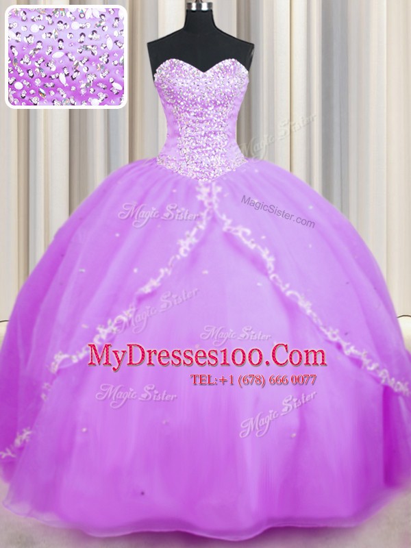 Dynamic Lilac Ball Gowns Sweetheart Sleeveless Organza With Brush Train Lace Up Beading and Appliques 15 Quinceanera Dress