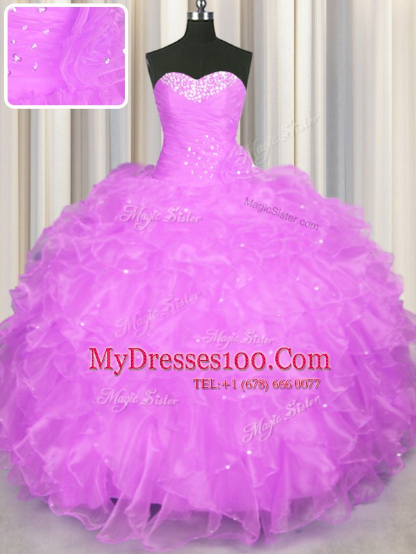 Lilac Sweetheart Neckline Beading and Ruffles Ball Gown Prom Dress Sleeveless Lace Up