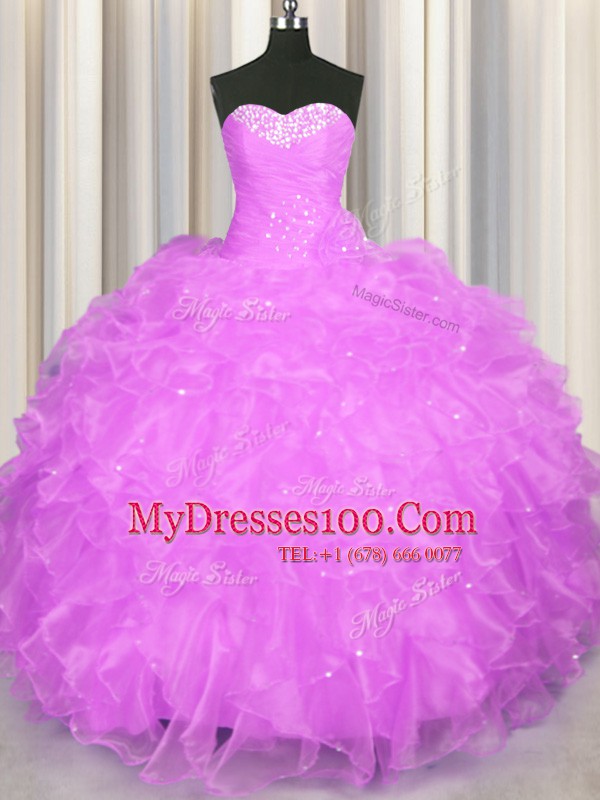 Lilac Sweetheart Neckline Beading and Ruffles Ball Gown Prom Dress Sleeveless Lace Up