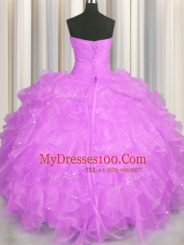 Lilac Sweetheart Neckline Beading and Ruffles Ball Gown Prom Dress Sleeveless Lace Up