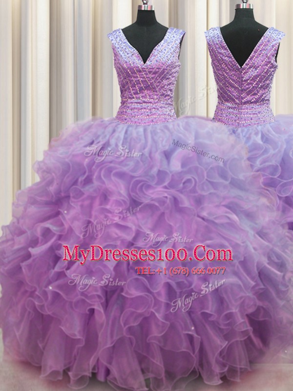 V Neck Zipper Up Lilac Sleeveless Organza Zipper Sweet 16 Dress for Military Ball and Sweet 16 and Quinceanera
