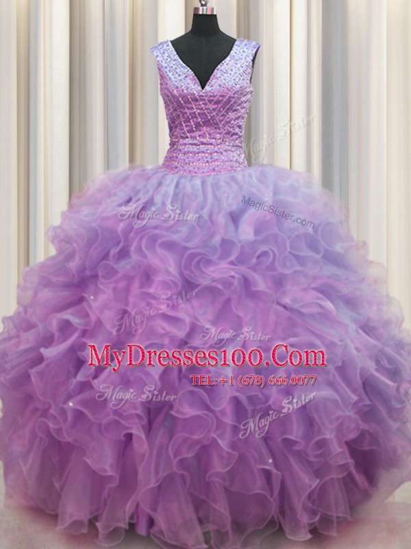 V Neck Zipper Up Lilac Sleeveless Organza Zipper Sweet 16 Dress for Military Ball and Sweet 16 and Quinceanera