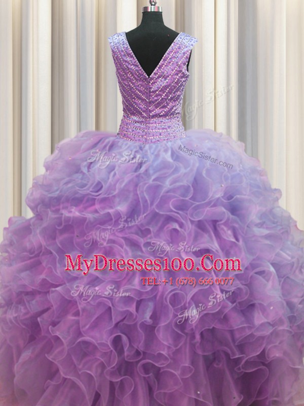 V Neck Zipper Up Lilac Sleeveless Organza Zipper Sweet 16 Dress for Military Ball and Sweet 16 and Quinceanera