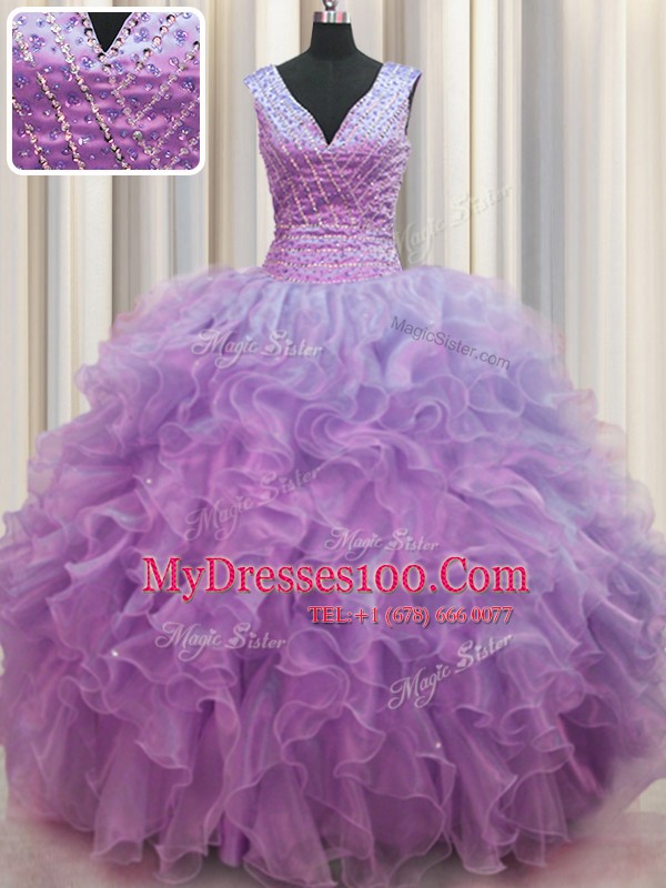 V Neck Zipper Up Lilac Sleeveless Organza Zipper Sweet 16 Dress for Military Ball and Sweet 16 and Quinceanera