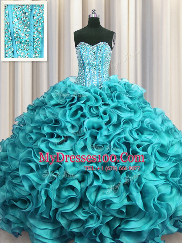 Traditional Visible Boning Sweetheart Sleeveless Lace Up Quinceanera Dress Aqua Blue Organza