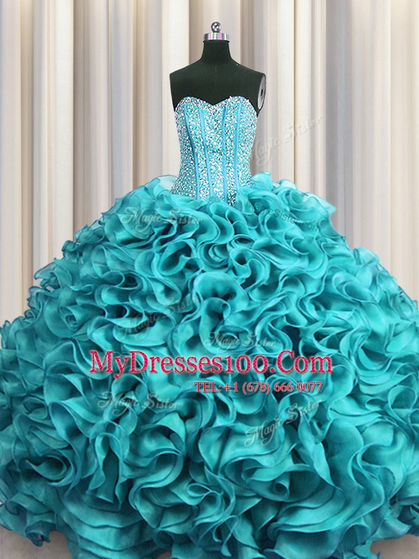 Traditional Visible Boning Sweetheart Sleeveless Lace Up Quinceanera Dress Aqua Blue Organza