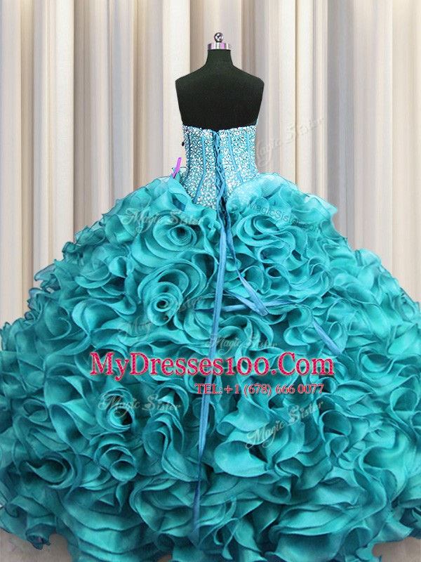 Traditional Visible Boning Sweetheart Sleeveless Lace Up Quinceanera Dress Aqua Blue Organza
