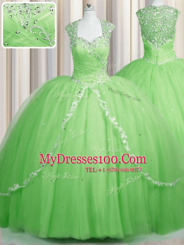 Graceful See Through Tulle Zipper Sweetheart Cap Sleeves With Train 15th Birthday Dress Brush Train Beading and Appliques