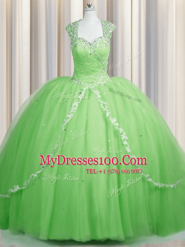 Graceful See Through Tulle Zipper Sweetheart Cap Sleeves With Train 15th Birthday Dress Brush Train Beading and Appliques