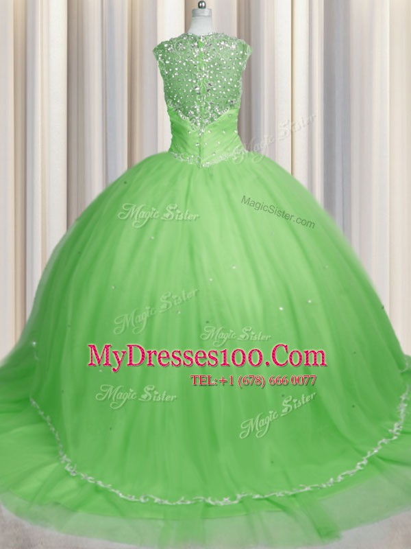 Graceful See Through Tulle Zipper Sweetheart Cap Sleeves With Train 15th Birthday Dress Brush Train Beading and Appliques