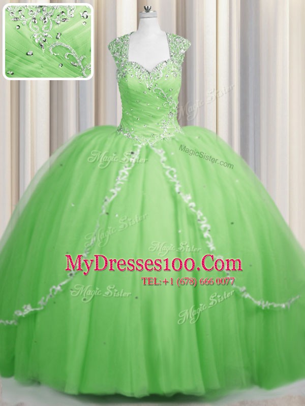 Graceful See Through Tulle Zipper Sweetheart Cap Sleeves With Train 15th Birthday Dress Brush Train Beading and Appliques