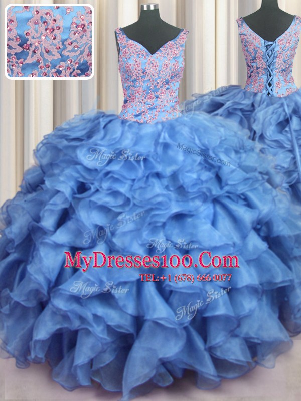 Ruffled V Neck Floor Length Ball Gowns Sleeveless Baby Blue Vestidos de Quinceanera Lace Up