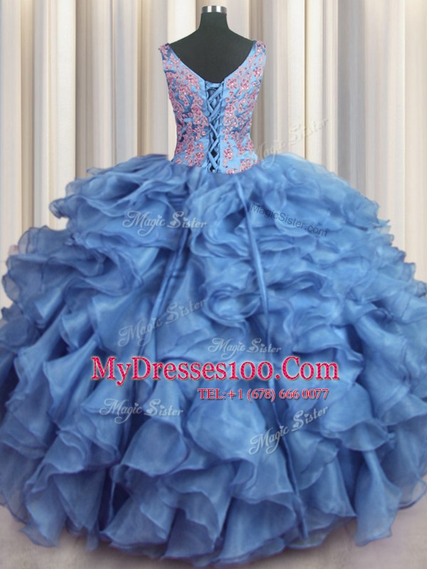 Ruffled V Neck Floor Length Ball Gowns Sleeveless Baby Blue Vestidos de Quinceanera Lace Up