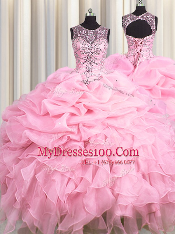Scoop See Through Sleeveless Beading and Ruffles and Pick Ups Lace Up Sweet 16 Dresses