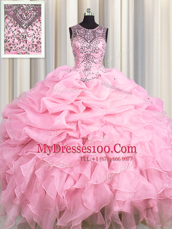 Scoop See Through Sleeveless Beading and Ruffles and Pick Ups Lace Up Sweet 16 Dresses