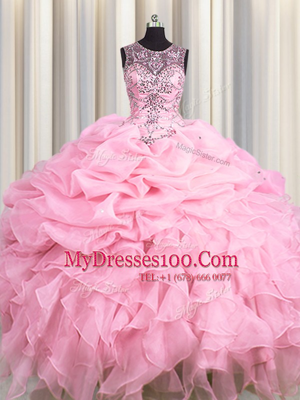 Scoop See Through Sleeveless Beading and Ruffles and Pick Ups Lace Up Sweet 16 Dresses