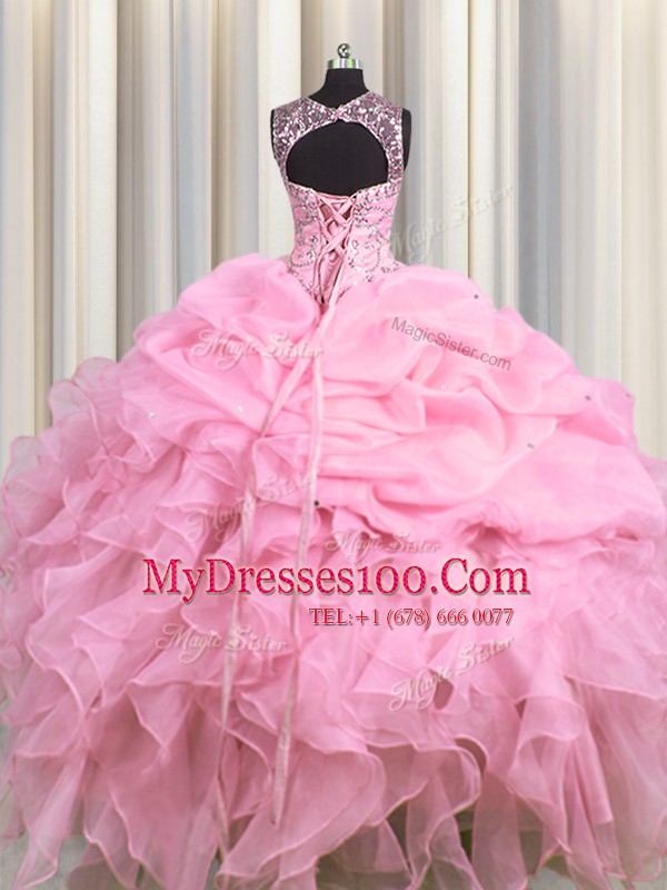 Scoop See Through Sleeveless Beading and Ruffles and Pick Ups Lace Up Sweet 16 Dresses