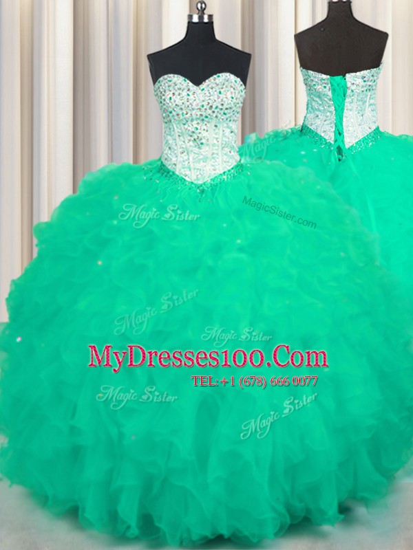 Turquoise Sleeveless Floor Length Beading and Ruffles Lace Up Ball Gown Prom Dress