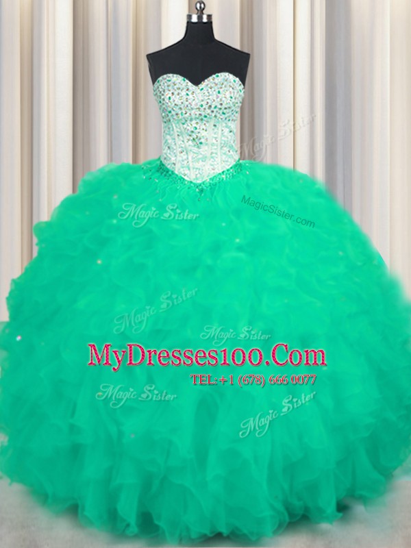 Turquoise Sleeveless Floor Length Beading and Ruffles Lace Up Ball Gown Prom Dress