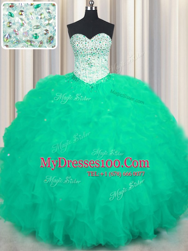 Turquoise Sleeveless Floor Length Beading and Ruffles Lace Up Ball Gown Prom Dress