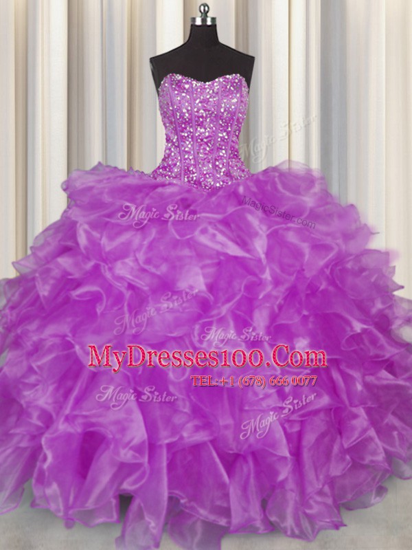 Visible Boning Purple Organza Lace Up Quinceanera Dresses Sleeveless Floor Length Beading and Ruffles