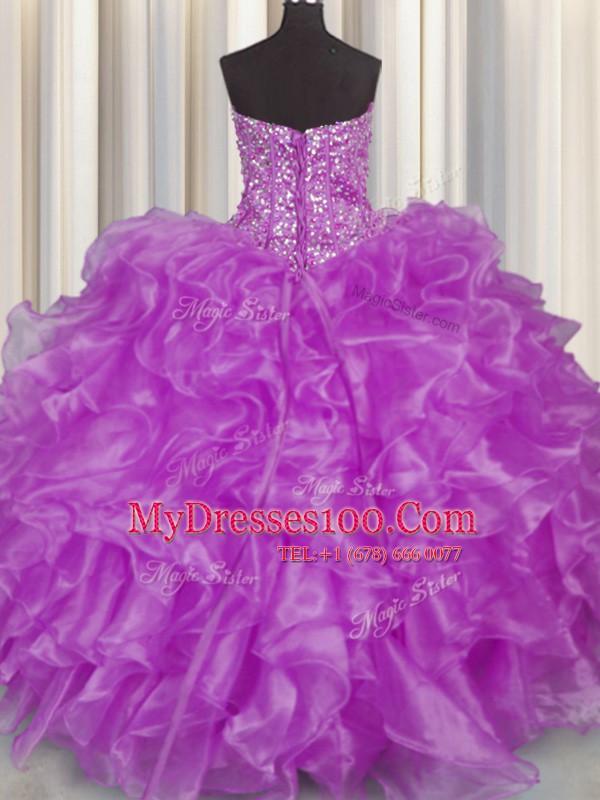 Visible Boning Purple Organza Lace Up Quinceanera Dresses Sleeveless Floor Length Beading and Ruffles