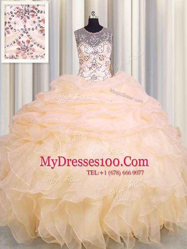 See Through Scoop Sleeveless Organza Quinceanera Gown Beading and Ruffles and Pick Ups Lace Up