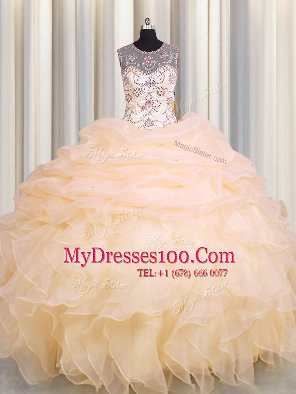 See Through Scoop Sleeveless Organza Quinceanera Gown Beading and Ruffles and Pick Ups Lace Up