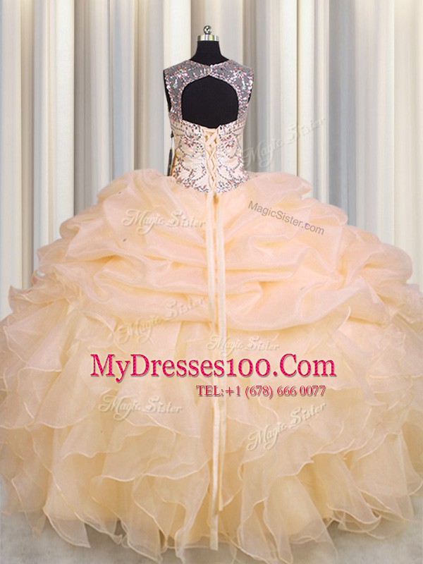 See Through Scoop Sleeveless Organza Quinceanera Gown Beading and Ruffles and Pick Ups Lace Up