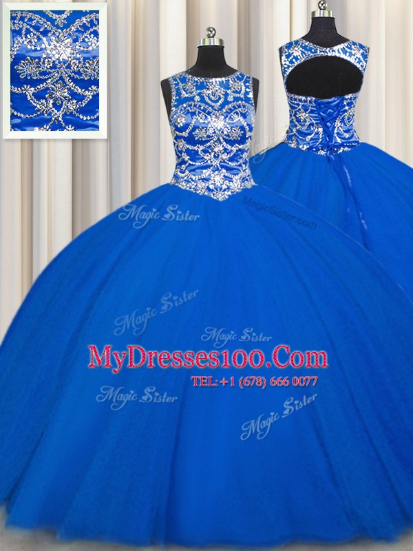Wonderful Royal Blue Ball Gowns Scoop Sleeveless Tulle Floor Length Lace Up Beading Quinceanera Dresses