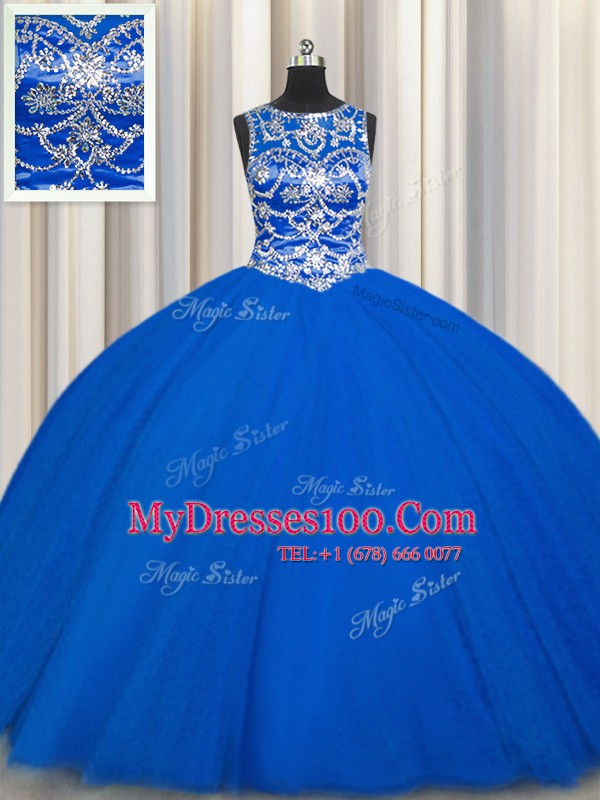 Wonderful Royal Blue Ball Gowns Scoop Sleeveless Tulle Floor Length Lace Up Beading Quinceanera Dresses
