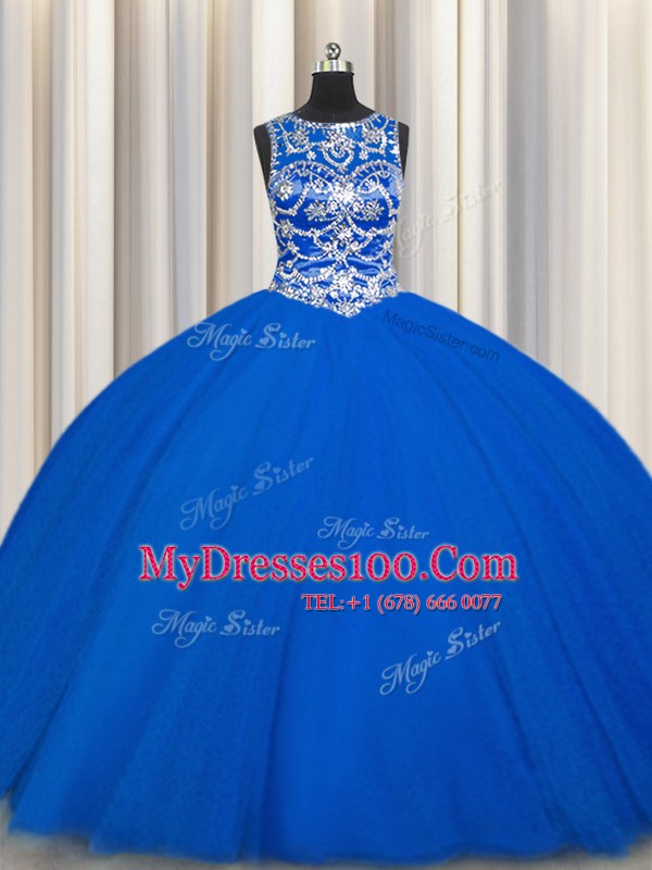 Wonderful Royal Blue Ball Gowns Scoop Sleeveless Tulle Floor Length Lace Up Beading Quinceanera Dresses