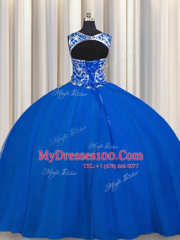 Wonderful Royal Blue Ball Gowns Scoop Sleeveless Tulle Floor Length Lace Up Beading Quinceanera Dresses